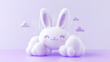 Obraz premium Minimalist 3D Cartoon Style Logo Design of a Healing Little Bunny with Rain Clouds in Lavender Tones on White Background
