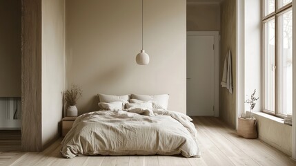 Scandinavian bedroom with light wood floors, neutral bedding, and a pendant light above.