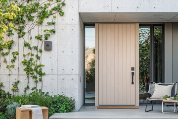 Scandinavian-inspired wooden door, framed by a neutral concrete exterior and minimalist furniture.