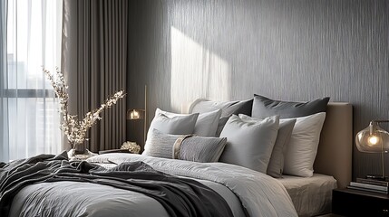 Textured wallpaper with metallic silver accents highlighting the elegant lines a modern luxury bedroom