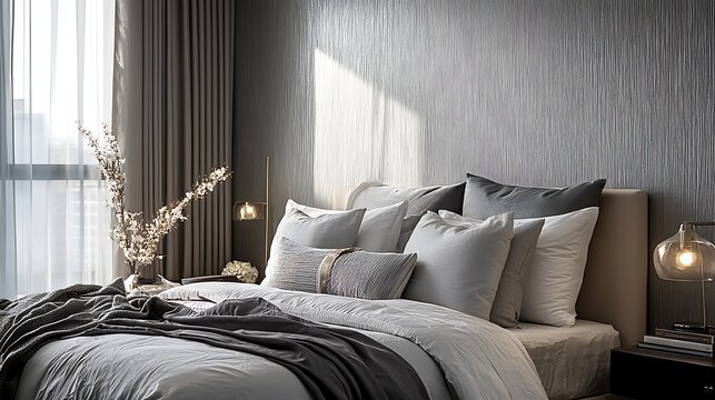 Textured wallpaper with metallic silver accents highlighting the elegant lines a modern luxury bedroom