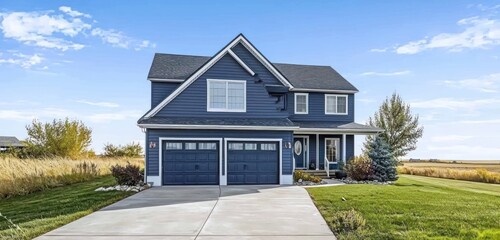 Stylish navy blue house with a gable roof, large garage, and rural charm in a peaceful setting.