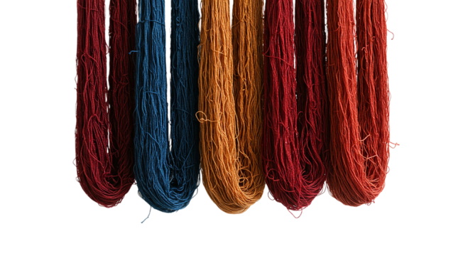 Natural Dyes Used to Colour Silk Yarn, Hanging to Dry After Traditional Dyeing Process on White Background
