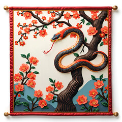 Obraz premium Vibrant serpent coiled among cherry blossoms in a charming, artistic display, 3d digital art of nature and wildlife concept.