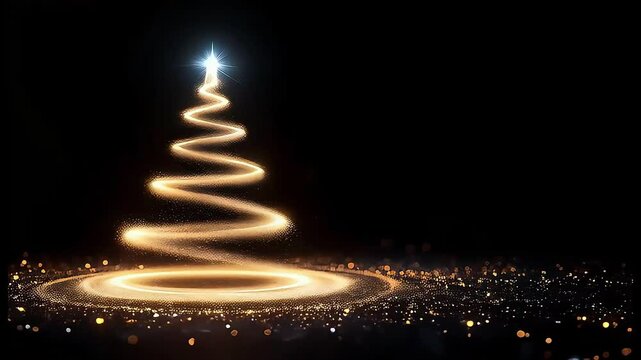 Sparkling golden Christmas tree on a dark background, symbolizing holiday cheer.