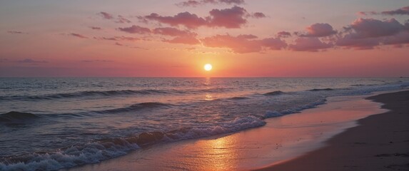 Obraz premium Sandy beach close-up by the sea with crashing waves, landscape panoramic view, tropical horizon seascape, calm, tranquil, and relaxing summer mood under the orange and golden sunset sky