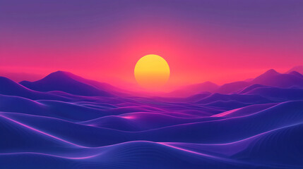 Fototapeta premium Beautiful Surreal Landscape with Vibrant Sunset Over Rolling Hills, illustrated in vivid hues of purple and orange for an otherworldly dreamy scene.