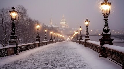 Snow Covered Bridge Leading to Illuminated Cathedral in Winter