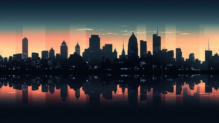 Obraz premium Cityscape Silhouette Reflected in Calm Water at Sunset