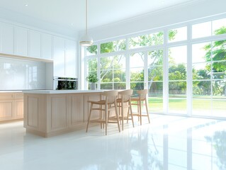 Modern kitchen design with expansive island and natural light from large window bright