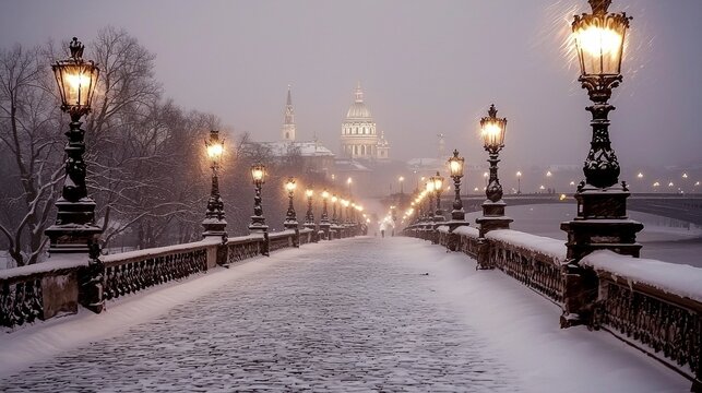 Snow Covered Bridge Leading to Illuminated Cathedral in Winter