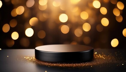A sleek black platform with shimmering golden bokeh in the background, creating an elegant and festive atmosphere.