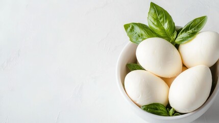 Fresh Eggs with Basil in a White Bowl