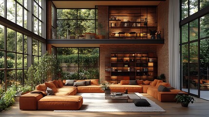 Fototapeta premium Modern Open Plan Living Room with Large Windows. Concept of Contemporary Interior Design, Spacious Living, and Natural Light.