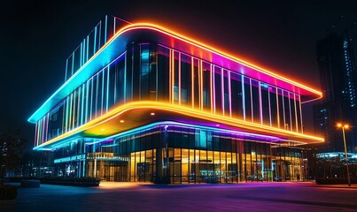 Obraz premium A modern building illuminated with vibrant neon lights at night.