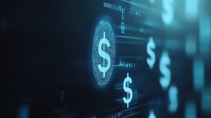 Dollar signs on digital screen, visual representation of financial transactions and data analysis