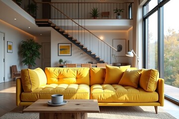 Yellow tufted sofa near rustic coffee table. Scandinavian home interior design of modern two story living room.