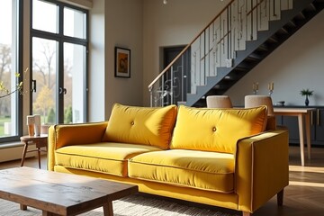 Yellow tufted sofa near rustic coffee table. Scandinavian home interior design of modern two story living room.