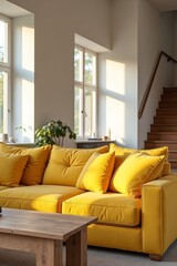 Yellow tufted sofa near rustic coffee table. Scandinavian home interior design of modern two story living room.