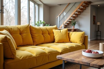 Yellow tufted sofa near rustic coffee table. Scandinavian home interior design of modern two story living room.