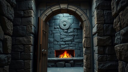 Ancient Stone Doorway, Archaeological Fireplace,  Historical Architecture,  Dramatic Lighting