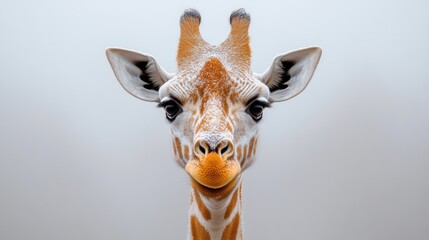 Close-up portrait of a young giraffe's face, showing its expressive eyes and unique pattern.