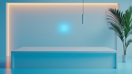 A modern, minimalist bedroom featuring a blue color scheme, a sleek bed, a hanging light, and a decorative plant.