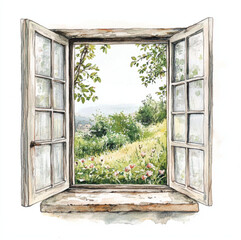 Obraz premium a watercolour drawing of a open window and a ledge inside the window, white background