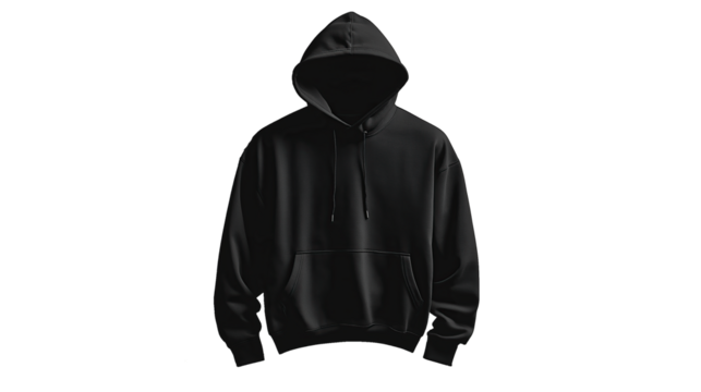 Black hoodie mockup template on a transparent background, front view