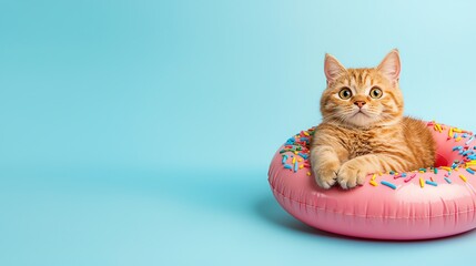 A playful orange cat lounges in a pink donut-shaped float, set against a soft blue background, exuding a cheerful and relaxed vibe.
