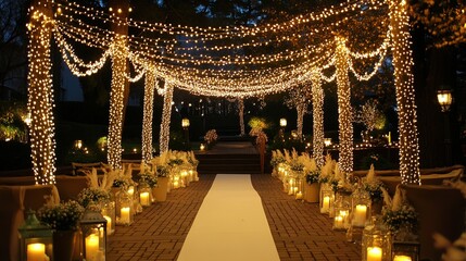 Obraz premium Elegant Wedding Ceremony Decoration with Beautiful Lights Creating a Romantic and Refined Atmosphere