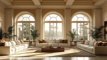 Luxury Living Room with Arch Windows. Modern Classic Interior Design.