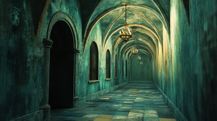 Fototapeta premium Mysterious Enigmatic Corridor: A Dark Teal Gothic Hallway