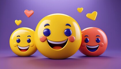 Naklejka premium A vibrant arrangement of cheerful emojis on a purple background, featuring a large smiling face surrounded by smaller smiling faces and hearts.