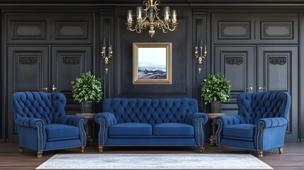 Obraz premium Elegant blue sofa set arrangement luxurious living room interior design cozy environment wide angle view