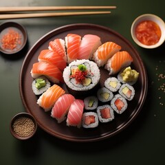 Vibrant Sushi Platter with Assorted Rolls, Fresh Fish, Colorful Toppings, and Condiments on a Dark Green Background with Elegant Chopsticks