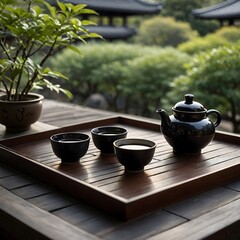 "Cultural Soy Sauce Ritual: Traditional Tea Ceremony with Ceramics and Garden Backdrop"