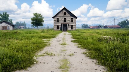 Fototapeta premium A weathered, wooden farmhouse stands prominently on a dirt road amidst a field of tall grass.