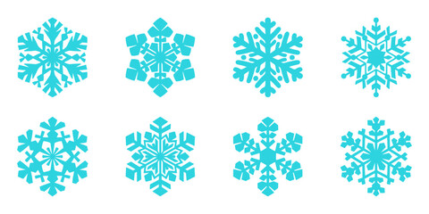 Snowflakes blue line art vector icon set. Snowflake isolated silhouette collection.