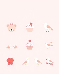 A pastel-themed Valentine icon set with teddy bears, cupcakes, and lovebirds.