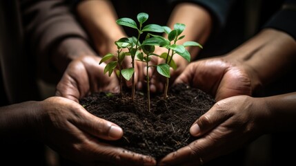 Group of people contributing to planting initiative by holding young green plants in soil, symbolizing teamwork and sustainability for environmental awareness