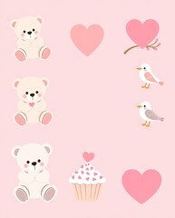 A pastel-themed Valentine icon set with teddy bears, cupcakes, and lovebirds.