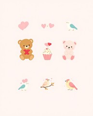 A pastel-themed Valentine icon set with teddy bears, cupcakes, and lovebirds.