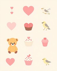 A pastel-themed Valentine icon set with teddy bears, cupcakes, and lovebirds.