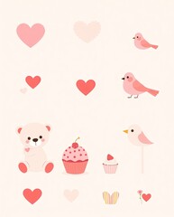 A pastel-themed Valentine icon set with teddy bears, cupcakes, and lovebirds.