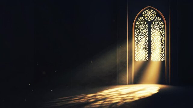 Islamic Ramadan background, radiant light emanating from an Islamic arch illuminating the dark mosque