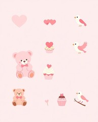 A pastel-themed Valentine icon set with teddy bears, cupcakes, and lovebirds.