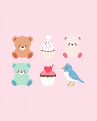 A pastel-themed Valentine icon set with teddy bears, cupcakes, and lovebirds.