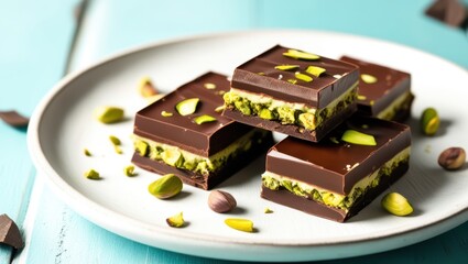 dubai chocolate Chocolate fudge squares, pistachio nuts, green filling, white plate, wooden table, rustic setting, food photography, close-up, decadent dessert, contrasting textures, warm lighting, sh