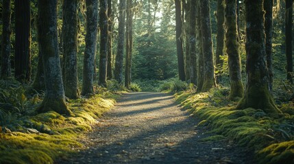 Fototapeta premium Sunlit Path Through a Mossy Forest